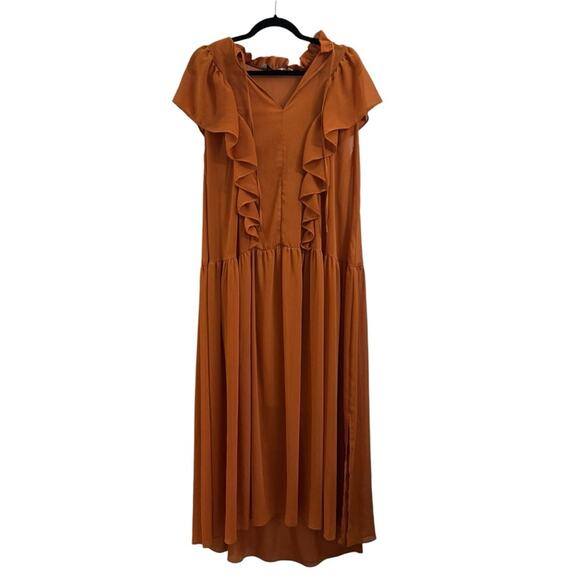 & Other Stories Oversized Frill Ruffle Rust Orange Midi Dress - Picture 2 of 7